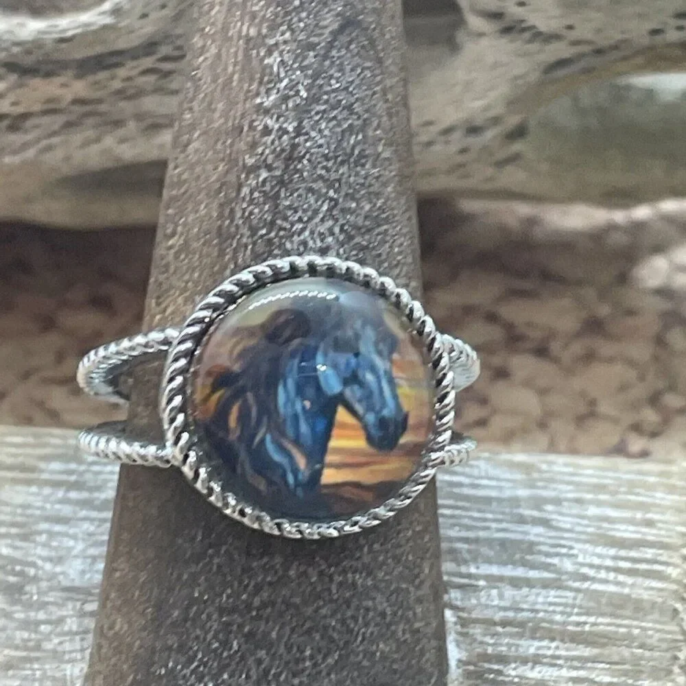 Stained Glass Horse Silver-Tone Ring in Blue and Brown